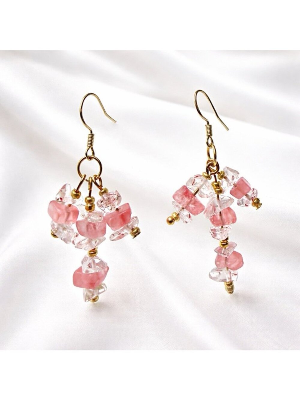 Reimagined Strawberry Quartz Dangle Earrings Gold Plated 925